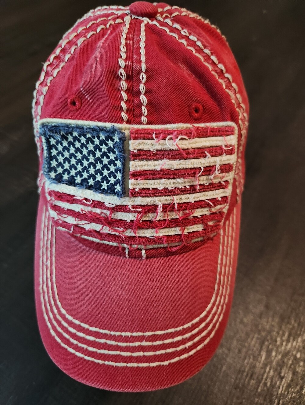 Womens Red Distressed American Flag Baseball Cap